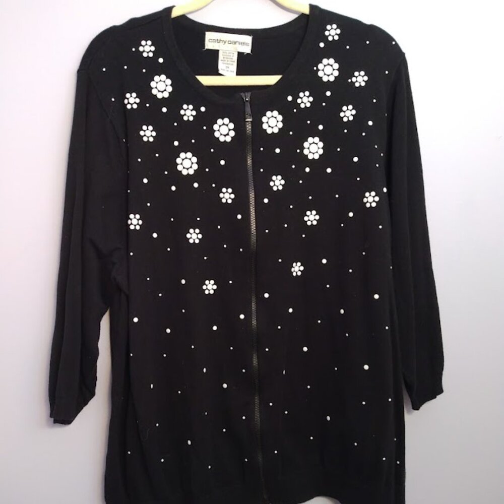 Vintage Cardigan Sweater 100% Cotton Black w/ Beaded Flowers 3X Cathy Daniels